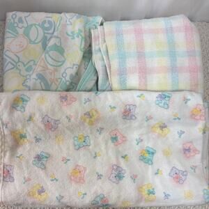 Vintage Pastel Flannel Baby Blankets Lots of 3 USA Made Fuzzy Bears Plaid Blocks
